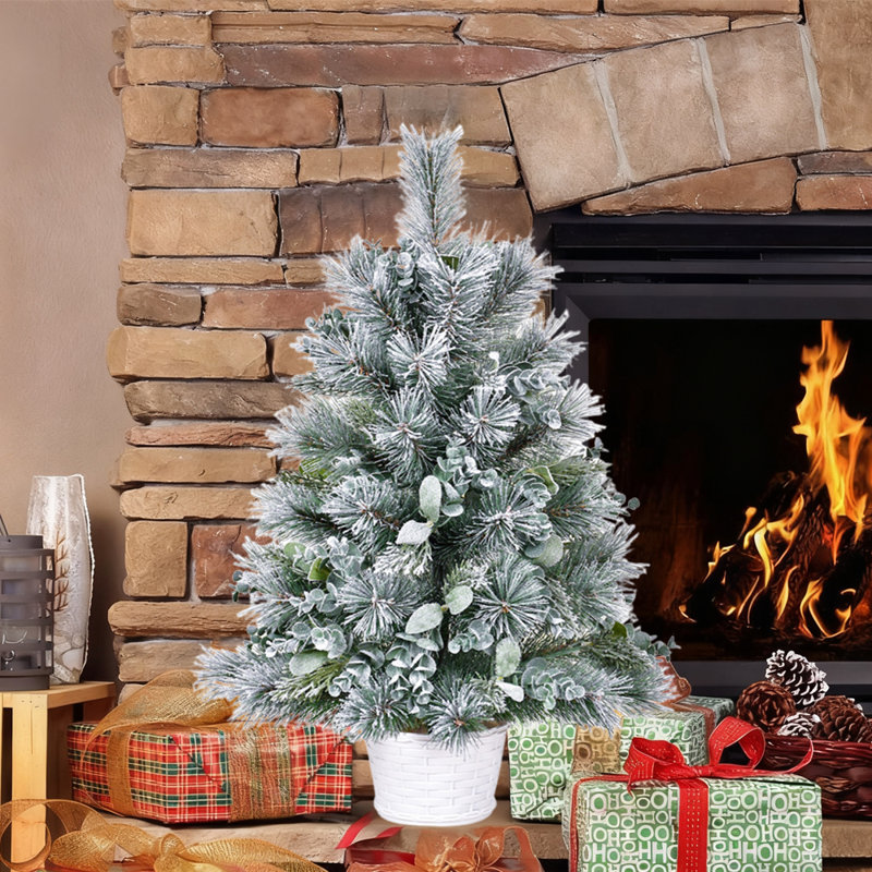 Arbre de Noël de table 2 pieds avec base en ciment plastique, mini arbre de Noël artificiel avec décorations d'aiguille d'eucalyptus et de pin, petites décorations des Fêtes