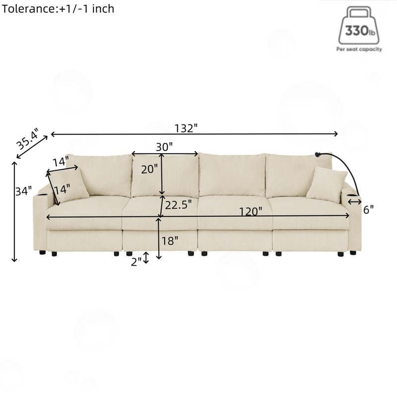 Canapé de rangement moderne avec siège profond, porte-gobelets et support pour téléphone, Velours côtelé beige