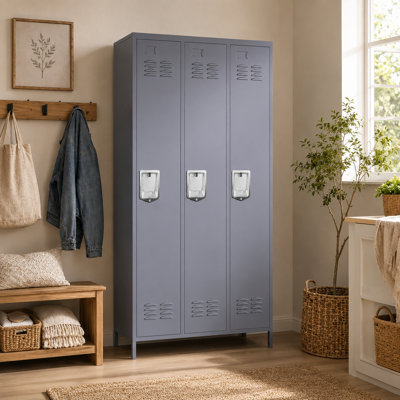 Armoire de rangement métallique à 3 compartiments et porte large, hauteur 183 cm (72 po), verrouillable, avec poignées de levage encastrées, fentes d'aération et fixation murale anti-basculement, grise