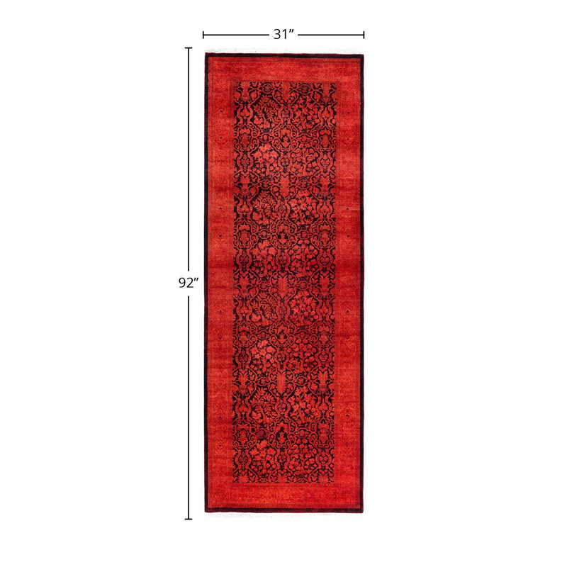 Tapis de couloir contemporain en laine noué à la main orange 2 pi 7 po x 7 pi 8 po