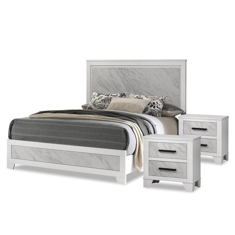 Bains Faux Marble Inset 3-Piece Bedroom Set, 3 Pieces: Bed, 2 Nightstands, Queen