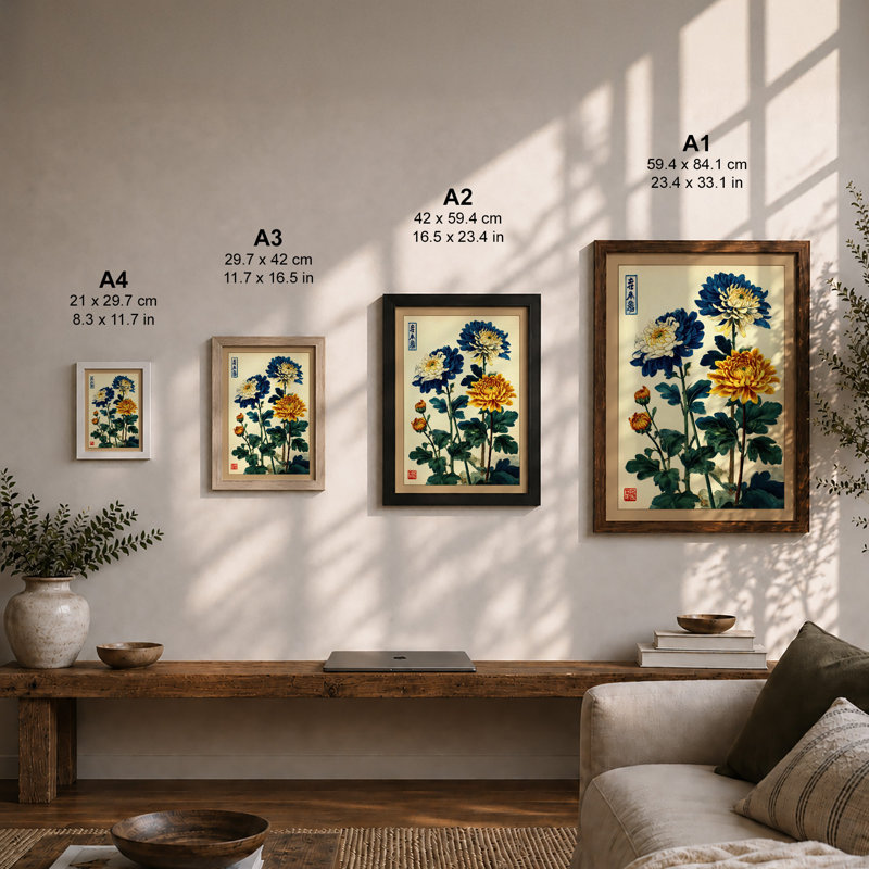 Chrysanthemums in Bloom Japandi 1 Piece Single Picture Frame Wall Art, A4 - 29.7 x 21.0 cm, Walnut