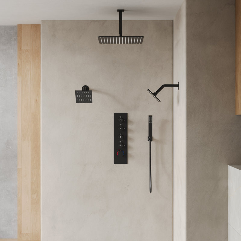 Thermostatic Shower System, Ceiling Mount 16" Rainfall Shower Faucet, 6" Wall Mount Dual Showerheads with Handheld Spray
