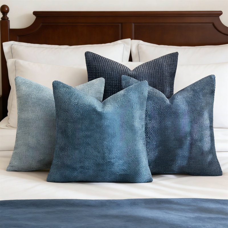 Set Of 4 22X22 Inch Blue Chenille Throw Pillow Covers, Coastal Farmhouse Boho Accent For Sofa, Neutral Blue