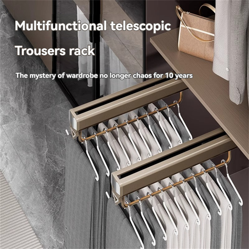 Porte-pantalons extensible avec glissières et cintres de type oie