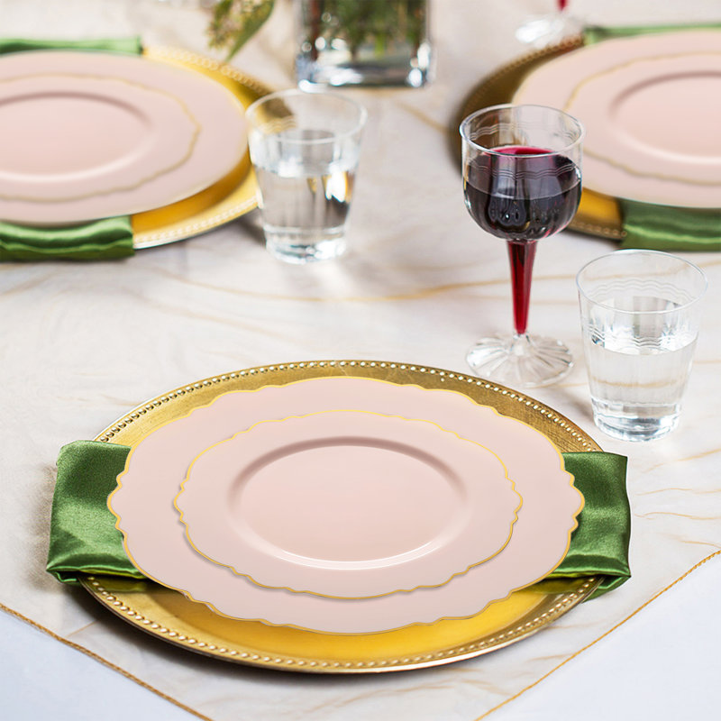 Ensemble de 120 assiettes rondes jetables en plastique rose à bordure dorée, motif floral, pour mariage.