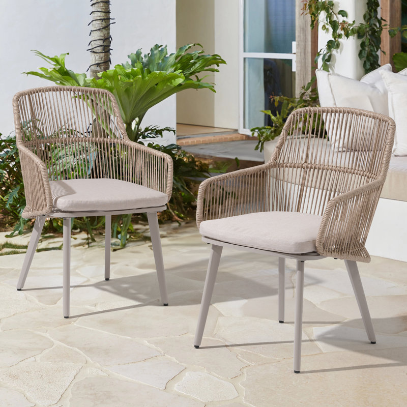Ensemble de 2 fauteuils de salle à manger d'extérieur avec coussins Daiwik, Beige/gris