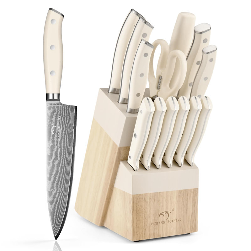Ensemble de couteaux de cuisine Damas 14 pièces avec ciseaux et taille-crayon - Acier Damas VG10, poignée ergonomique ABS, rangement en bois blanc