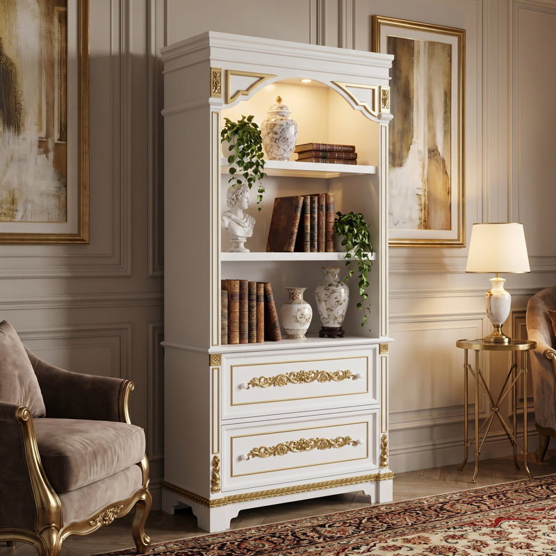 Vitrine française de 76,3 po: ornée d'or, éclairée par DEL et interrupteur tactile