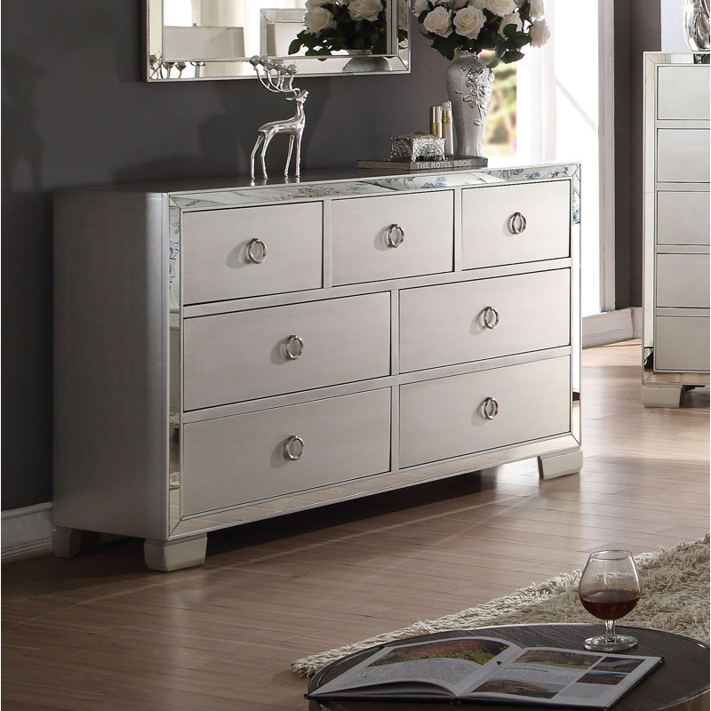 Commode double 7 tiroirs avec miroir Maineville, Platinum