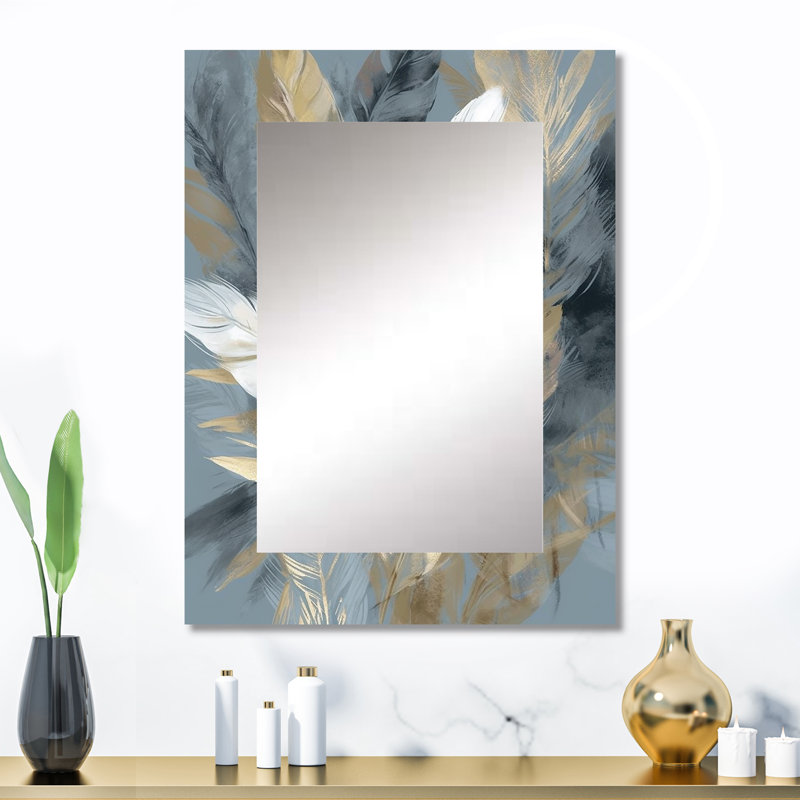 Gold And Grey Impressions Of Bohemian Energy II - Boho Feather Large Wall Mirror, Traditional Unique Mirror, Printed Metal Art