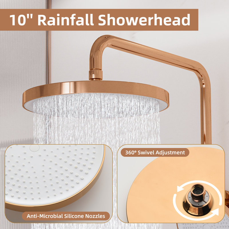 3-Function Rose Gold Shower System with Tub Spout, 10" Rainfall Head & Handheld, 1.59 GPM, CUPC/NSF Certified, Adjustable Height