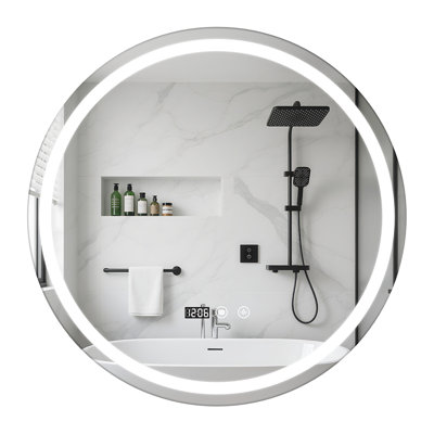24" LED Round Bathroom Mirror, Anti-fog Makeup Vanity Mirror with Touch Switch, Wall-Mounted Mirror with LED Light