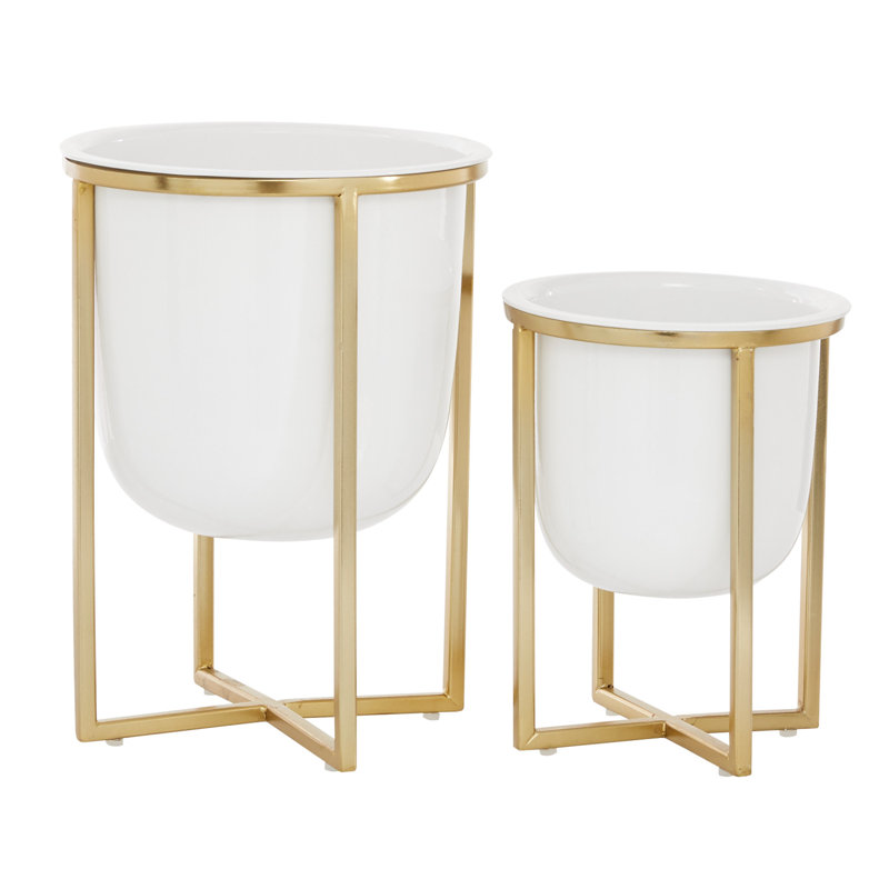 Round White Planter With Gold Metal Base, 10", 13"