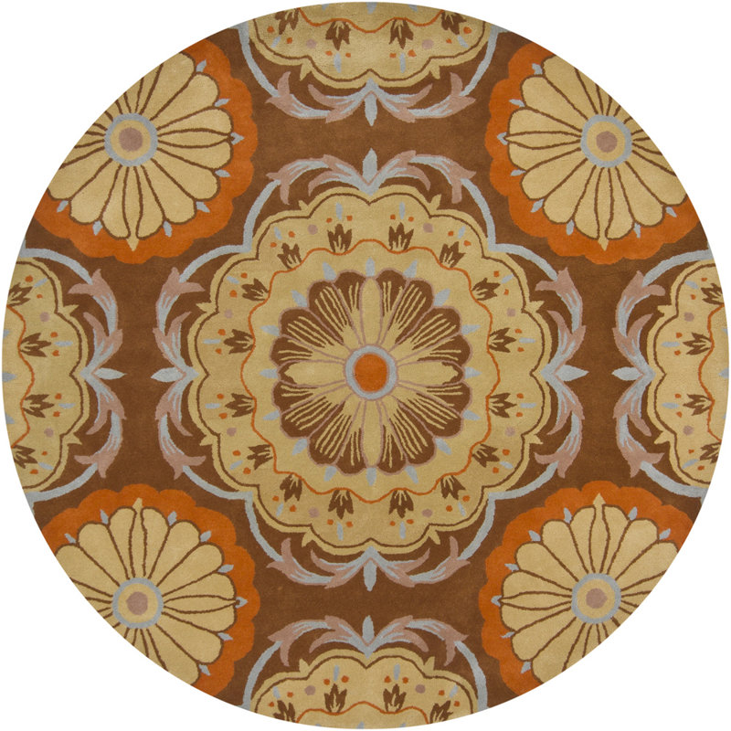 Tapis touffeté contemporain Davin en brun / bleu / orange / brun clair, Rond 7 pi 9 po