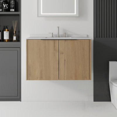 Meuble-lavabo flottant avec lavabo, porte à fermeture douce, comptoir et dosseret en marbre de culture blanc granit, contreplaqué