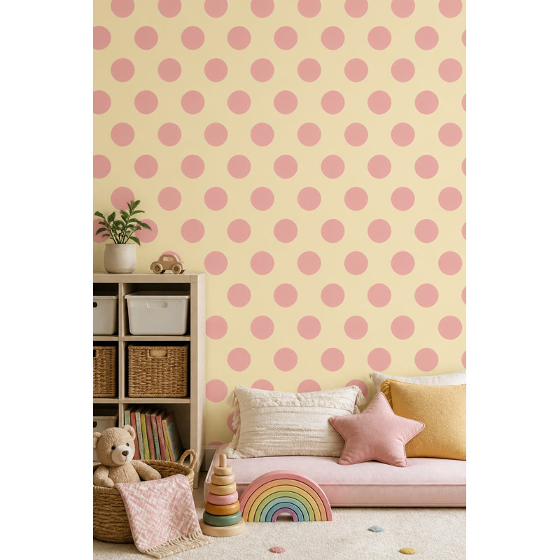 Papier peint à pois, fond rose, peinture murale décorative sur fond jaune, Peler et coller