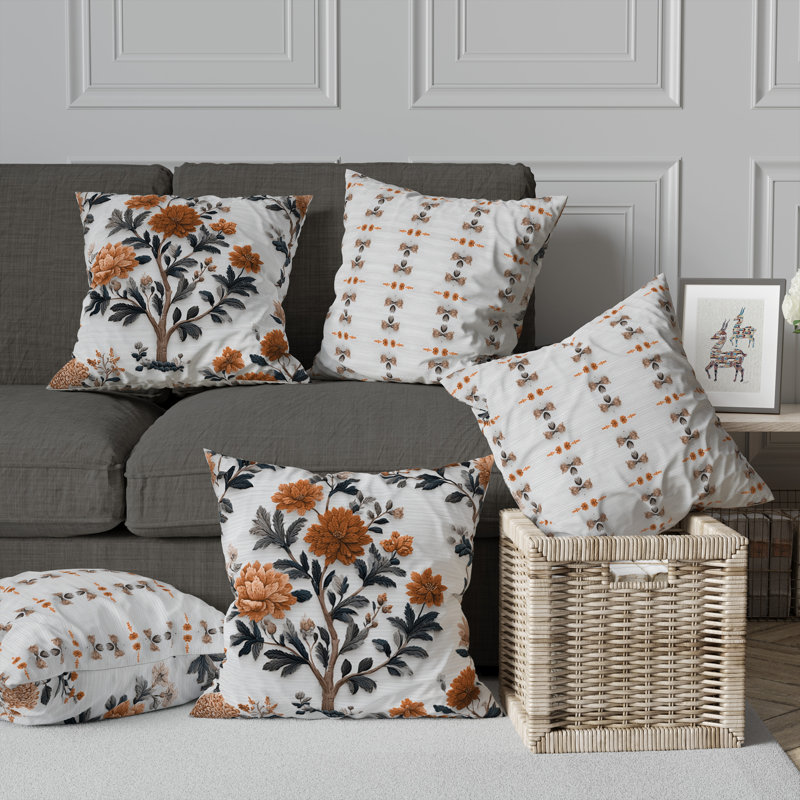 Embroidered Dahlia Trail Indoor/Outdoor 26x26, Square 26", White/Orange