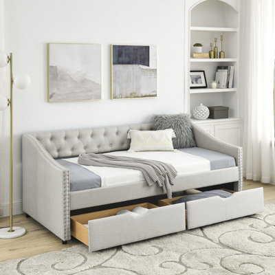 Lit de jour simple rembourré avec tiroirs en beige - Rembourrage en mousse de lit moderne et fonction de rangement pour le salon Siège confortable Chambre à coucher avec cadre renforcé