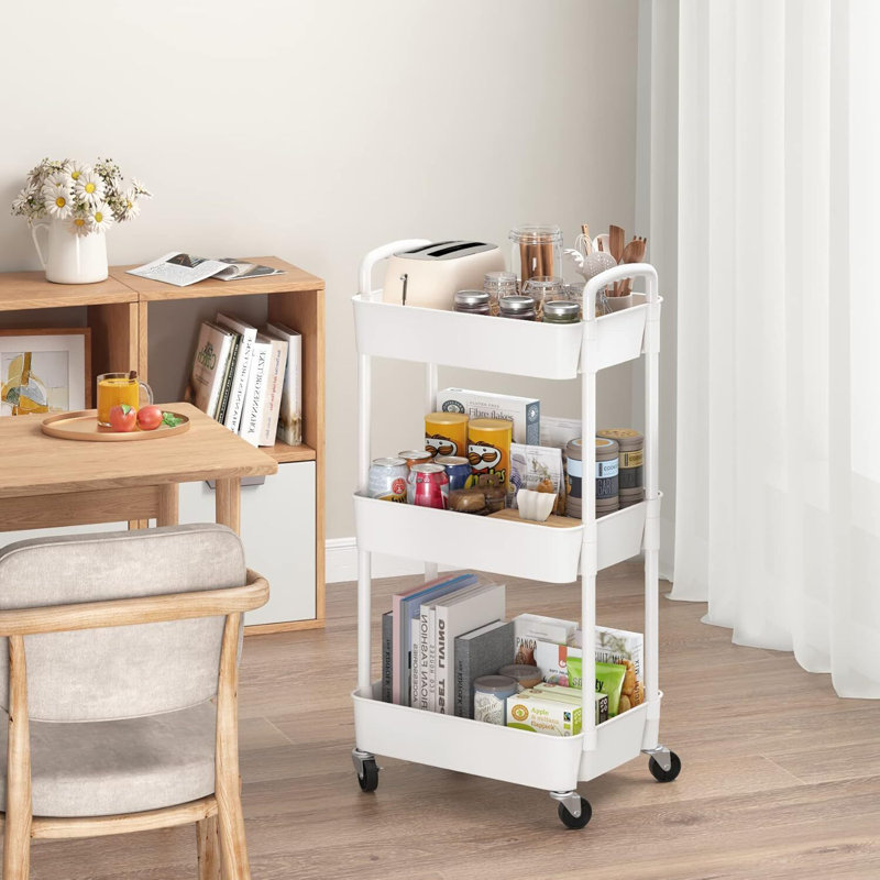 Chariot utilitaire roulant en plastique avec, Blanc, 29.92" H x 11.42" W x 15.35" D
