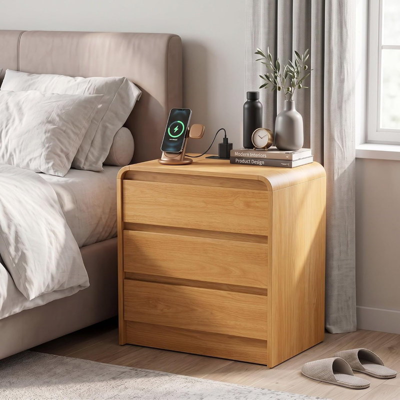 Table de chevet moderne incurvée à 3 tiroirs avec tablette ouverte et système de gestion des câbles – Table de chevet en bois à bords arrondis pour chambre à coucher, finition chêne (emballage individuel)