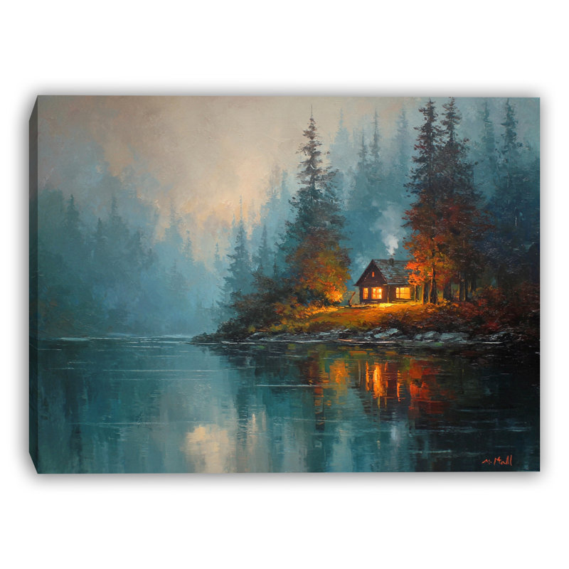 Twilight Cabin on the Lake Wrapped Canvas Wall Art, 36" H x 48" W
