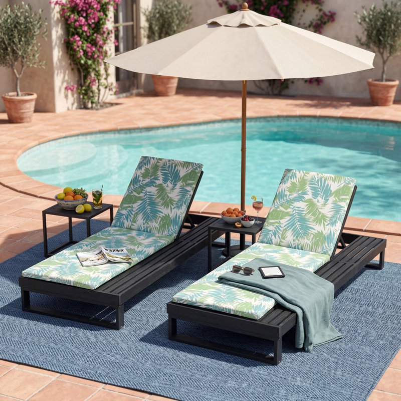 Chaise longue en bois d'acacia avec ensemble de coussins à 2 feuilles de noix de coco de 1,57 pouce, 4 positions réglables avec une surface latérale plane