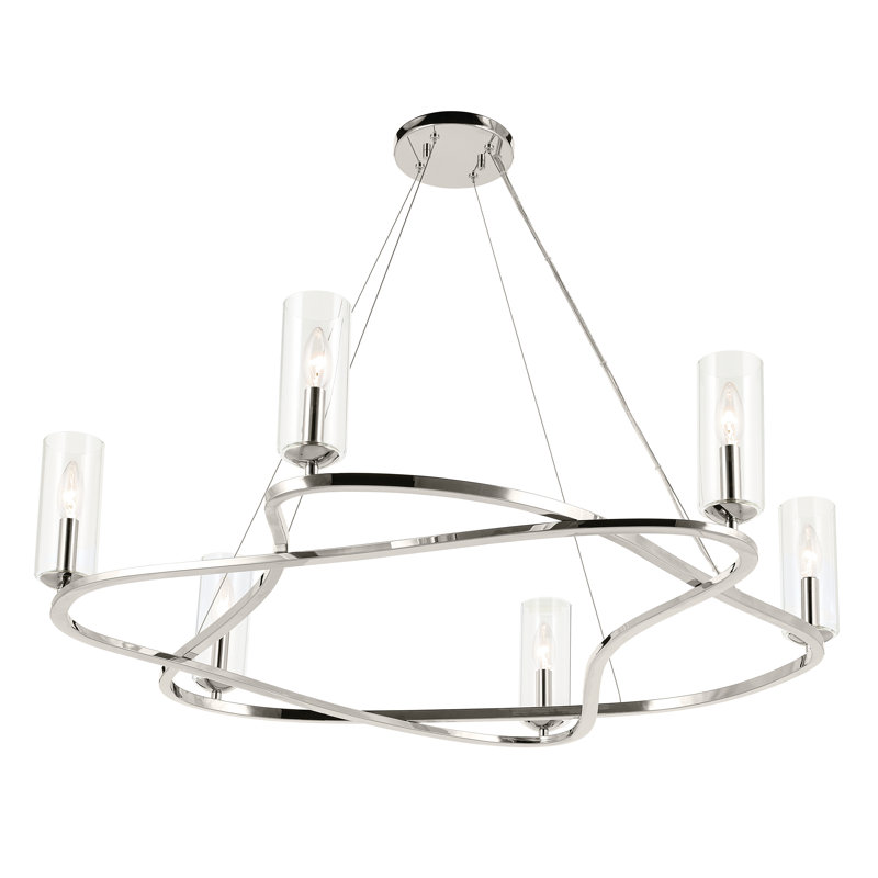 Lustre courbé moderne avec verre cylindrique transparent, 6, Nickel poli, H 8,5 po x l 37,75 po x P 37,75 po