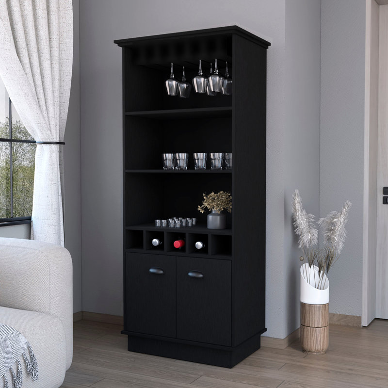 Bar noir avec support à verres et compartiments de rangement fonctionnels finition bois