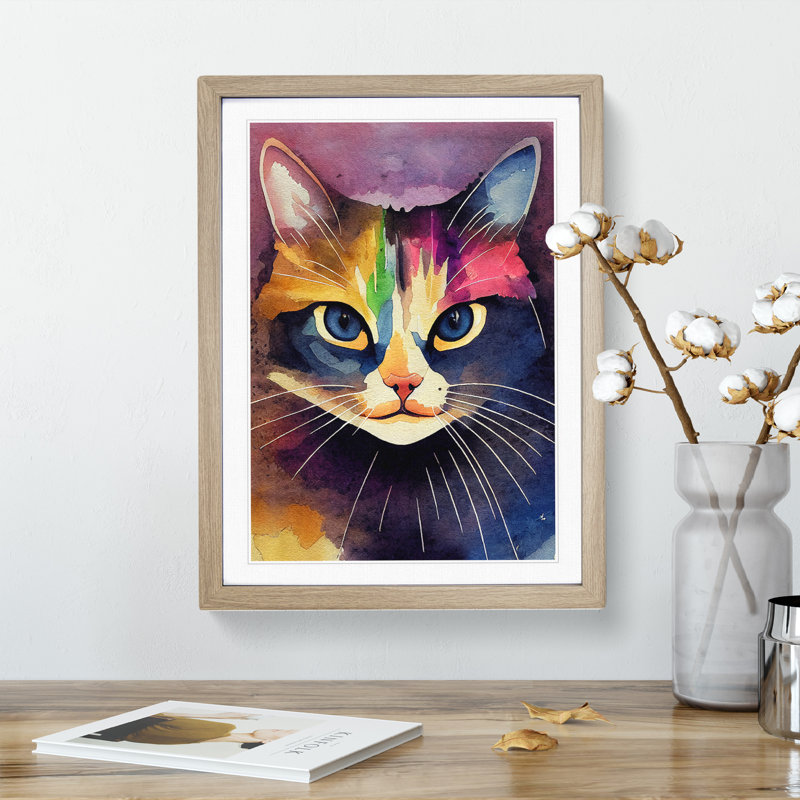Cat Watercolour No.1 - Wall Art, 36cm H x 27cm W x 2cm D, Oak Framed, White