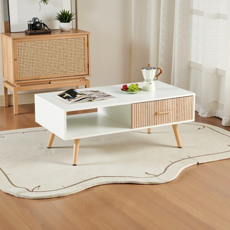 Table basse rectangulaire avec pieds en bois massif, Naturel, Blanc