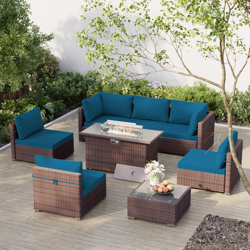 Ensemble de conversation d'extérieur pour 6 personnes avec coussins Aghavni, Bleu