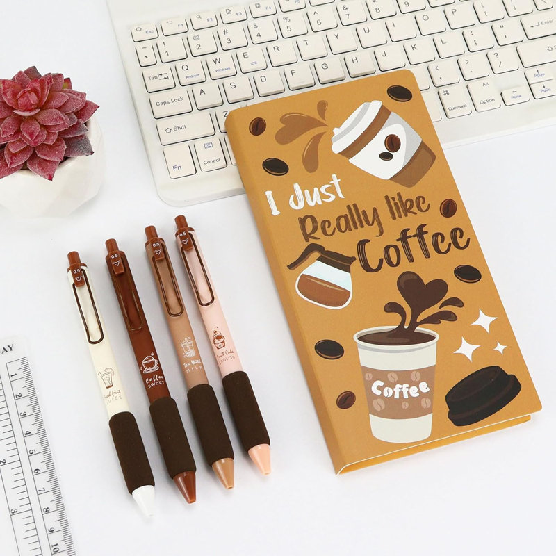 Coffee Sticky Notes Set With 4-Piece Gel Pens Bundle, Cute Writing Memo Pad Sticky Notes Pads To Do Notepad For School Office Home (Coffee)