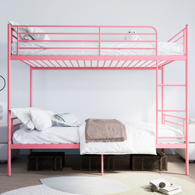 Lit superposé avec échelle et garde-corps haut, capable de se diviser, lit superposé en métal, espace de rangement, silencieux, lit simple au-dessus d'un lit simple, rose