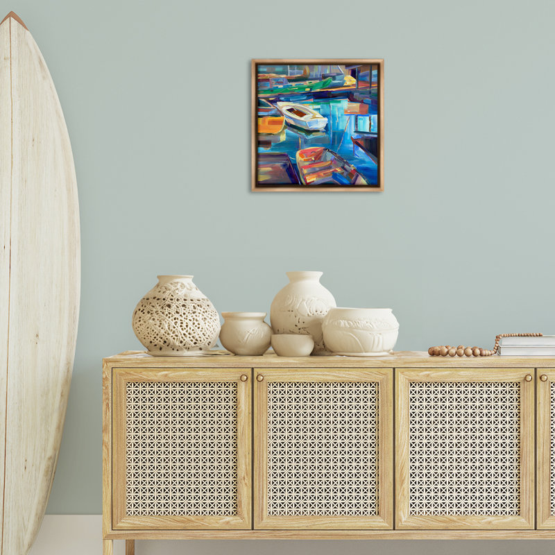 Art mural sur toile flottante, "Boat Marina Abstraction" par Borcherding, Cadre flottant orme Montalcino, H 18 po x l 18 po