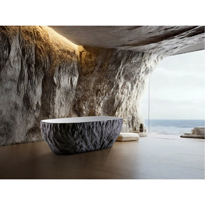 67" Freestanding Solid Surface Bathtub With Rock-Textured Exterior, White Interior, Modern Spa Style