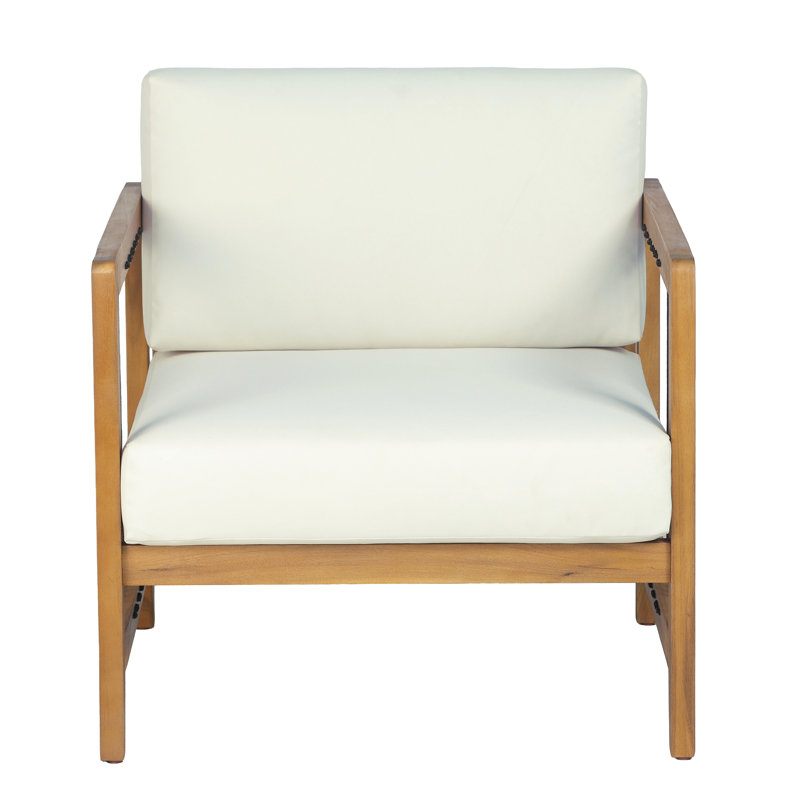 Chaise de patio d'extérieur en bois d'acacia avec coussin beige, fauteuil d'appoint simple en corde pour patio