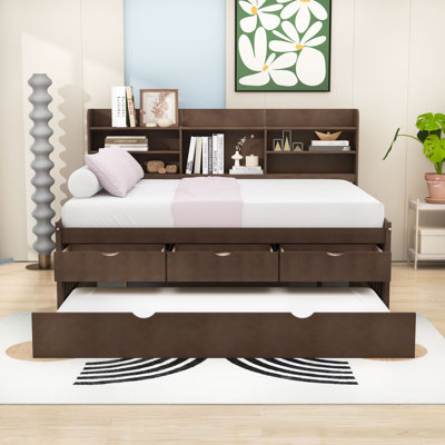 3 Drawers Full Wooden Captain Bed with Twin Trundle and Shelves by Lark Manor