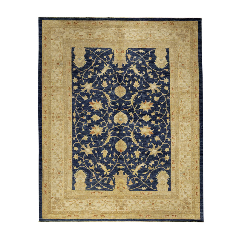 Tapis bleu et beige noué à la main de haute qualité