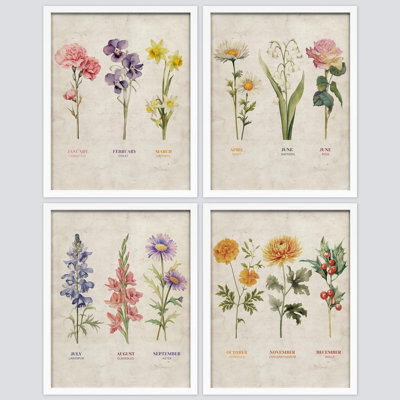 " Vintage Floral Birth Month Botanical S Antique Flower " 4 - Pieces