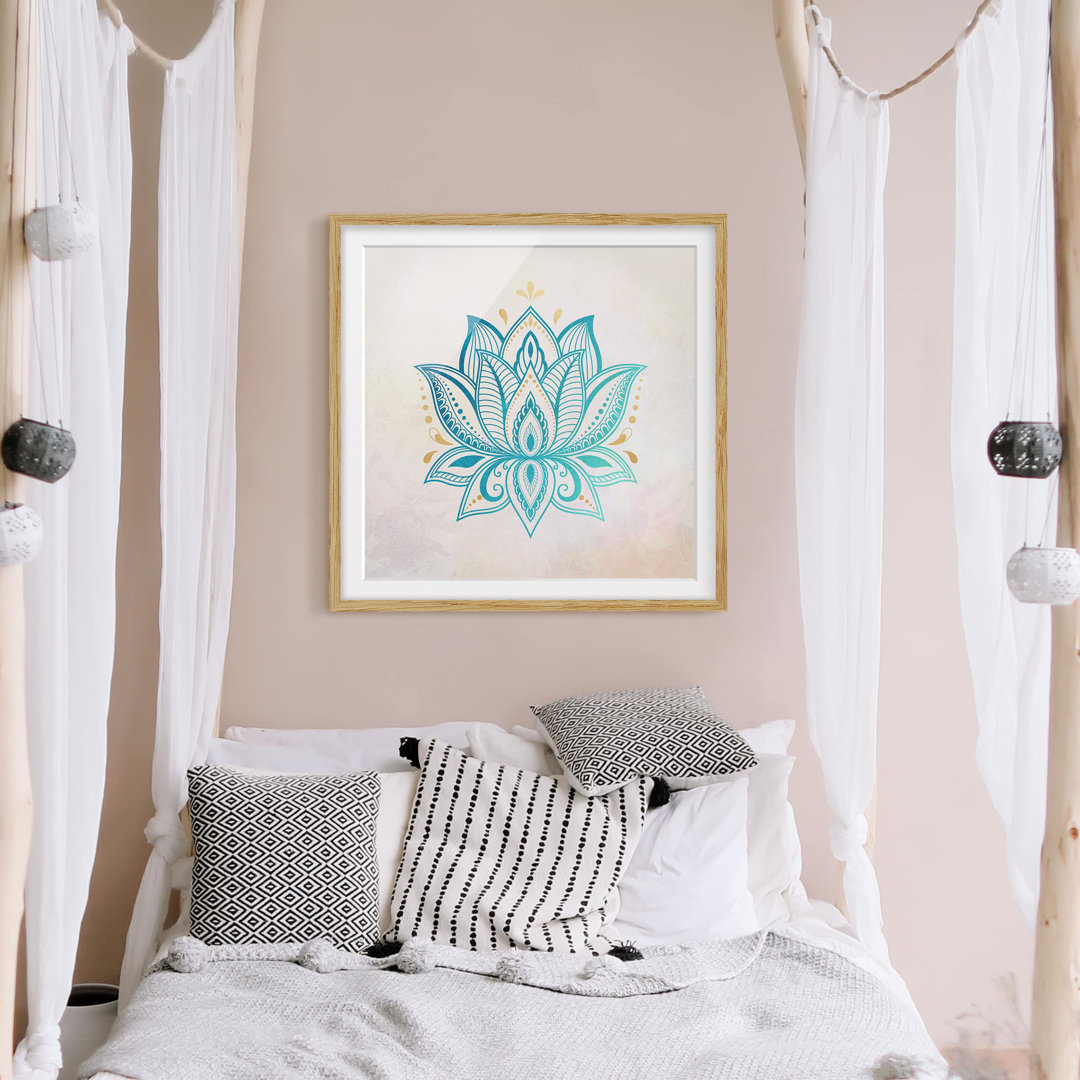 Gerahmtes Poster-Lotus-Illustrations-Mandala-Goldblau