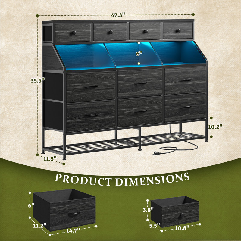 Dresser For Bedroom, Bedroom Dresser With Shoe Rack & Open Shelves, 10 Fabric Drawer Dressers With Led Lights And Charging Station