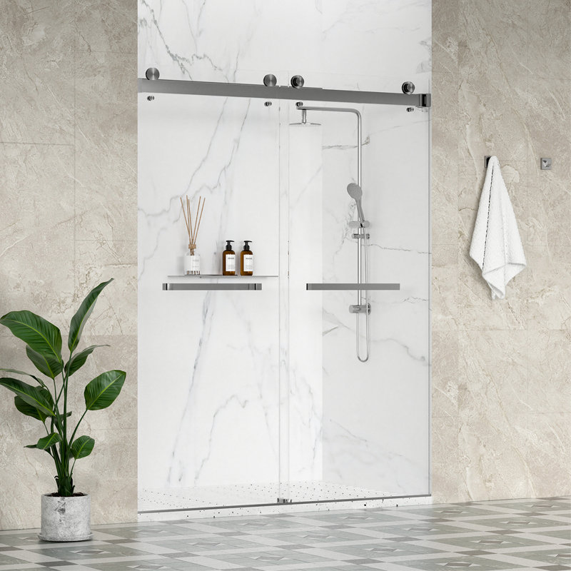 Catalyst 43"- 48" W x 76" H Double Sliding Frameless Shower Door in Brushed Nickel with 3/8" Clear Glass, Brushed Nickel