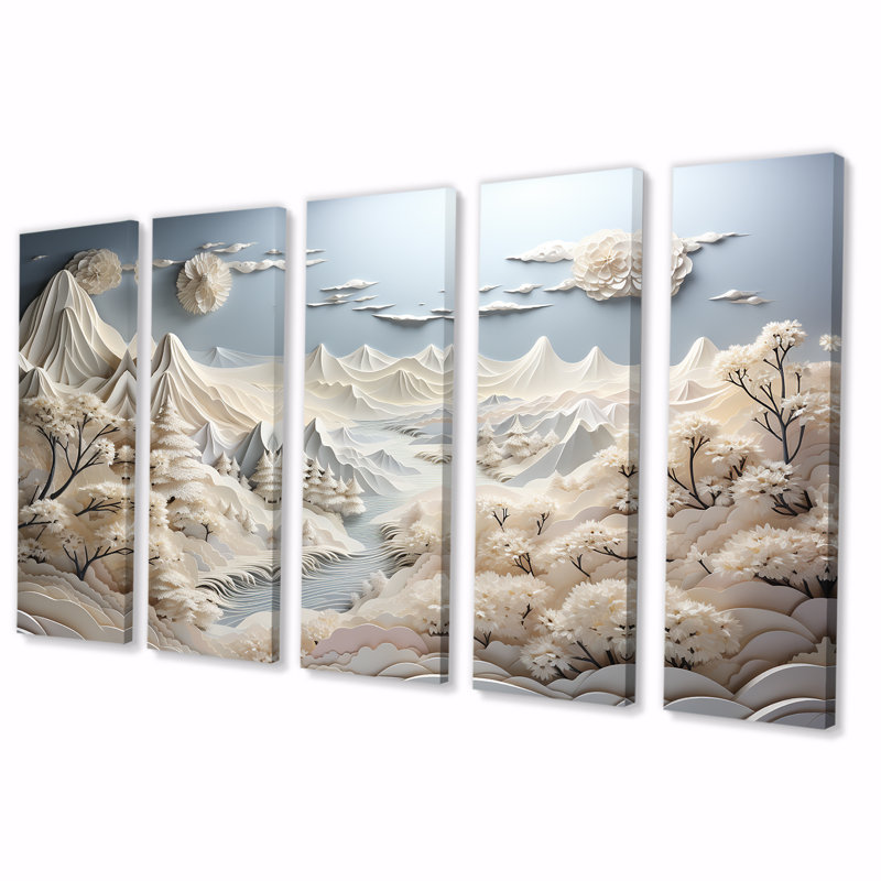 Abstrait montagnes enneigées d'hiver II - Paysages abstraits, art mural 5 pièces pour le salon, H 28 po x l 60 po