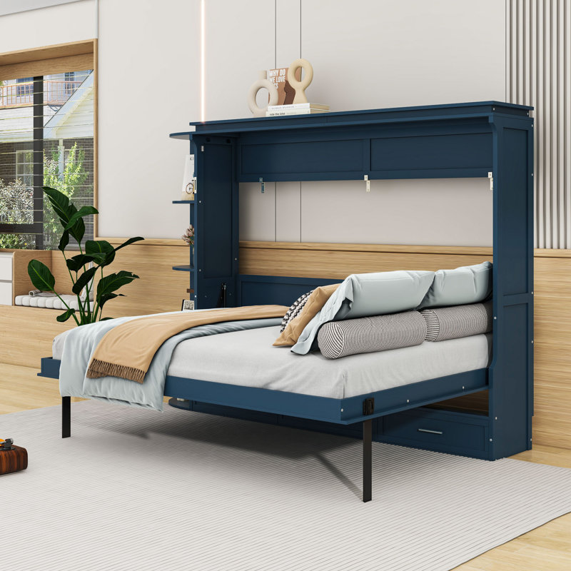 Lit escamotable en bois avec 3 tiroirs et tablettes, Full, Blue