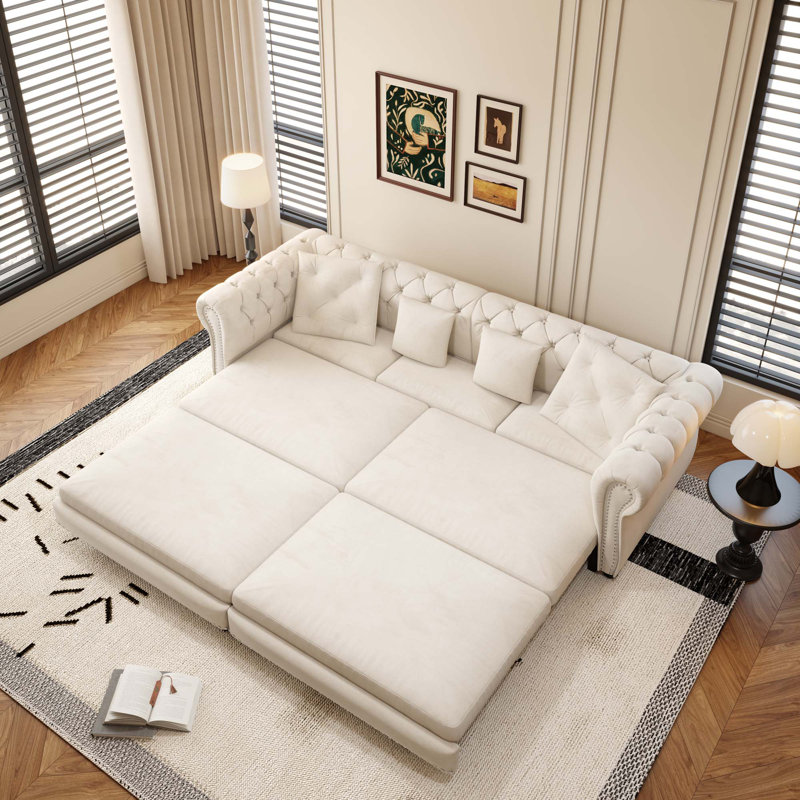 Canapé-lit 89 po en velours capitonné 3 en 1 avec repose-pieds mobile, Beige