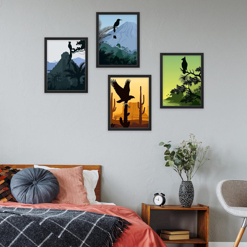 «Wild Hawk Wild Bird Silhouettes», ensemble de 4 animaux encadrés sur papier, impression encadrée sur papier, Noir