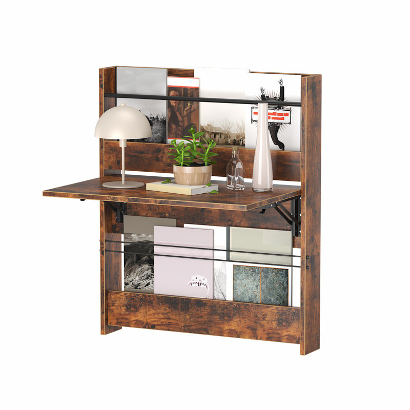 Bureau mural table pliante murale Bureau flottant avec tablette de rangement, Brun