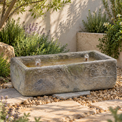 Extra Large Rustic Rectangular Faux Stone Trough Water Fountain Outdoor Bubbler Fountains Water Feature with Solid Copper Tubing & Hidden Pump, Unlit Farmhouse Patio Yard