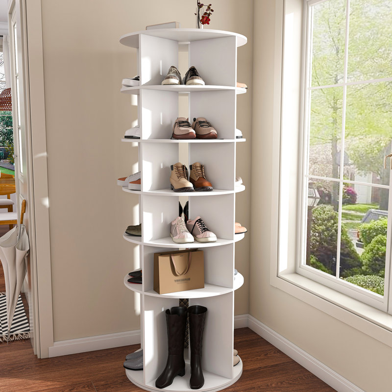 Présentoir à chaussures rotatif à 360° - Tour à 6 tablettes, 24 paires, blanc, tour de rangement rotatif